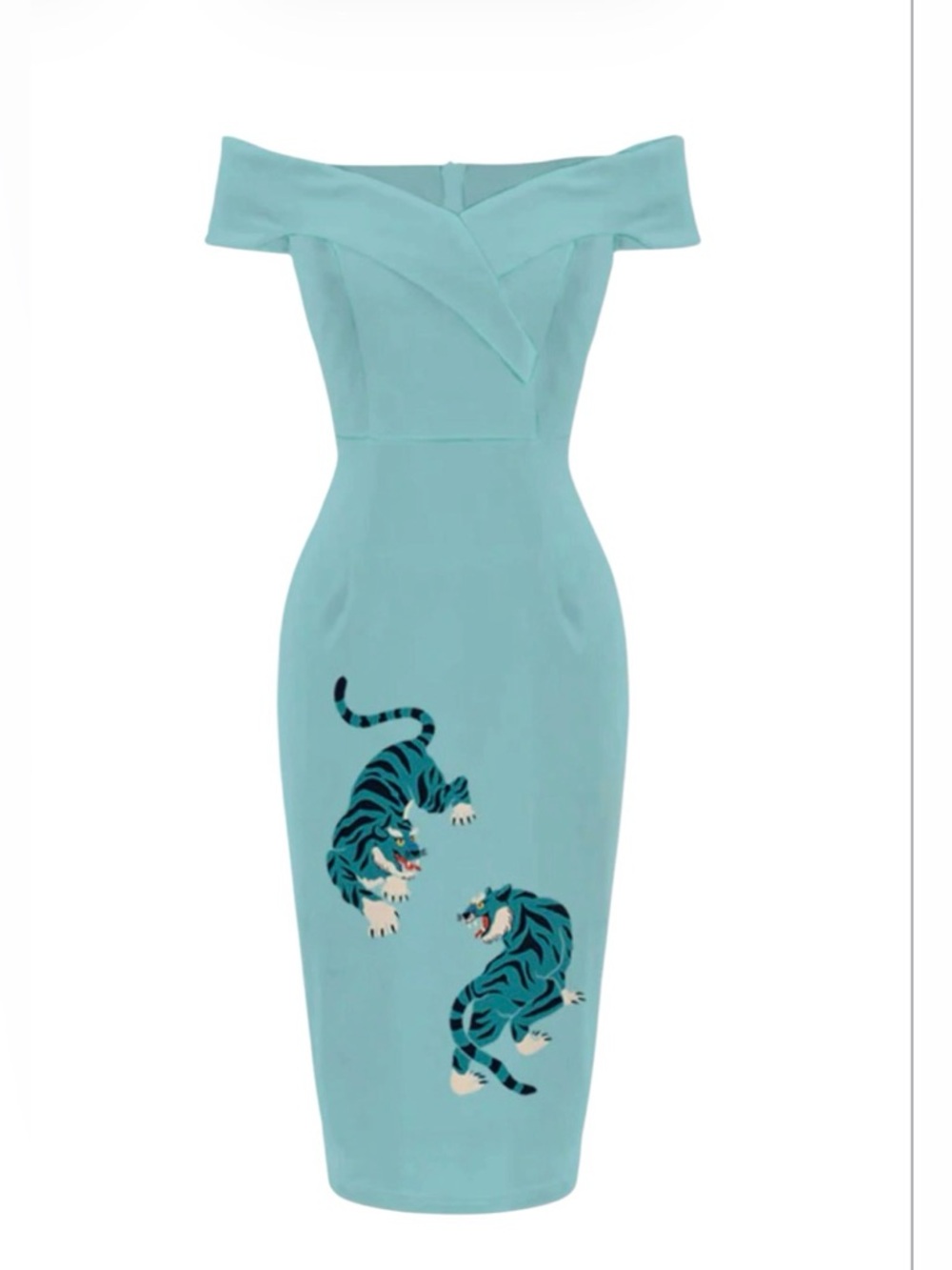 AVERIE Marina Off-Shoulder Aqua Blue Sheath Dress with Tiger Design Small